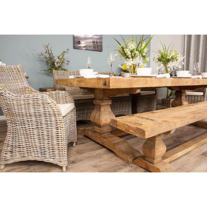 2.4m Reclaimed Elm Pedestal Dining Table with 5 Donna Armchairs and 1 Bench