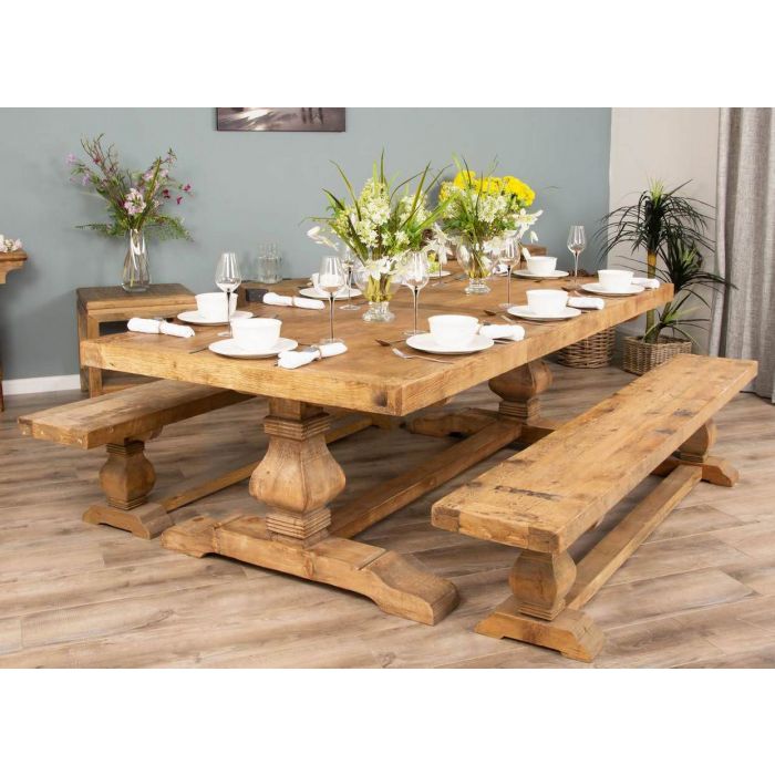2.4m Reclaimed Elm Pedestal Dining Table with 2 Benches