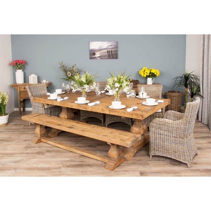2.4m Reclaimed Elm Pedestal Dining Table with 5 Donna Armchairs and 1 Bench